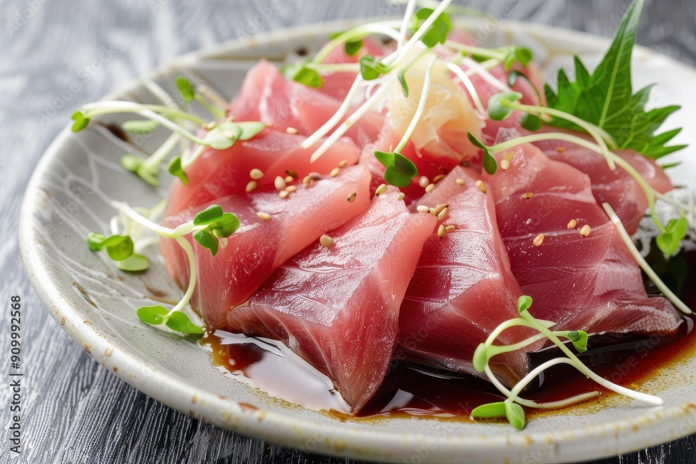 A plate of sashimi tuna, thinly sliced and arranged beautifully, garnished with microgreens and served with soy sauce and wasabi A plate of sashimi tuna, thinly sliced and arranged beautifully, garnished with microgreens and served with soy sauce and wasabi