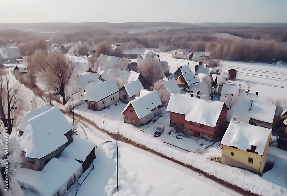 covered houses small village View February roads snow Ukraine winter ...