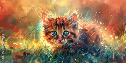 Charming fluffy and joyful kitten painting on the grass with watercolor paints