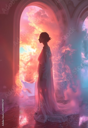 Dreamy pastel scene with a woman in a surreal room surrounded by soft clouds and rainbow hues