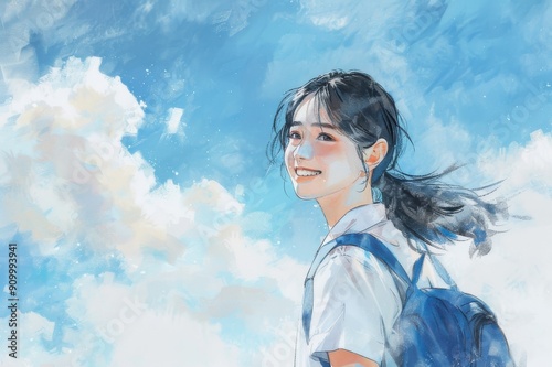 Obraz na płótnie 青空と笑顔の女子高校生の水彩画（入学・卒業・青春・合格・受験・試験）