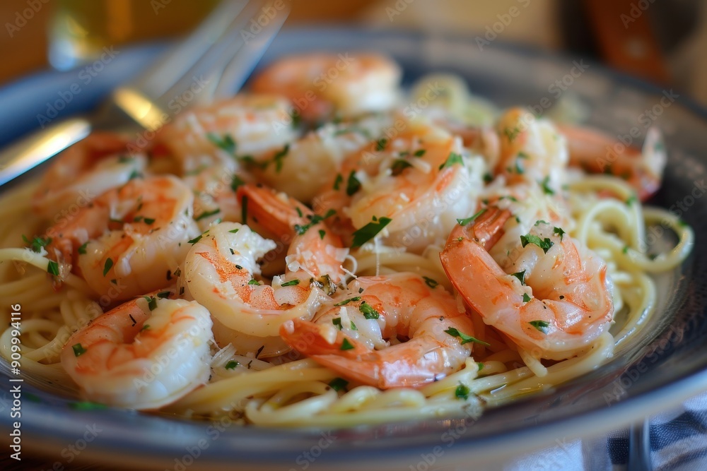 A plate of shrimp scampi, with succulent shrimp cooked in a garlic butter sauce, served over linguine A plate of shrimp scampi, with succulent shrimp cooked in a garlic butter sauce, served over linguine