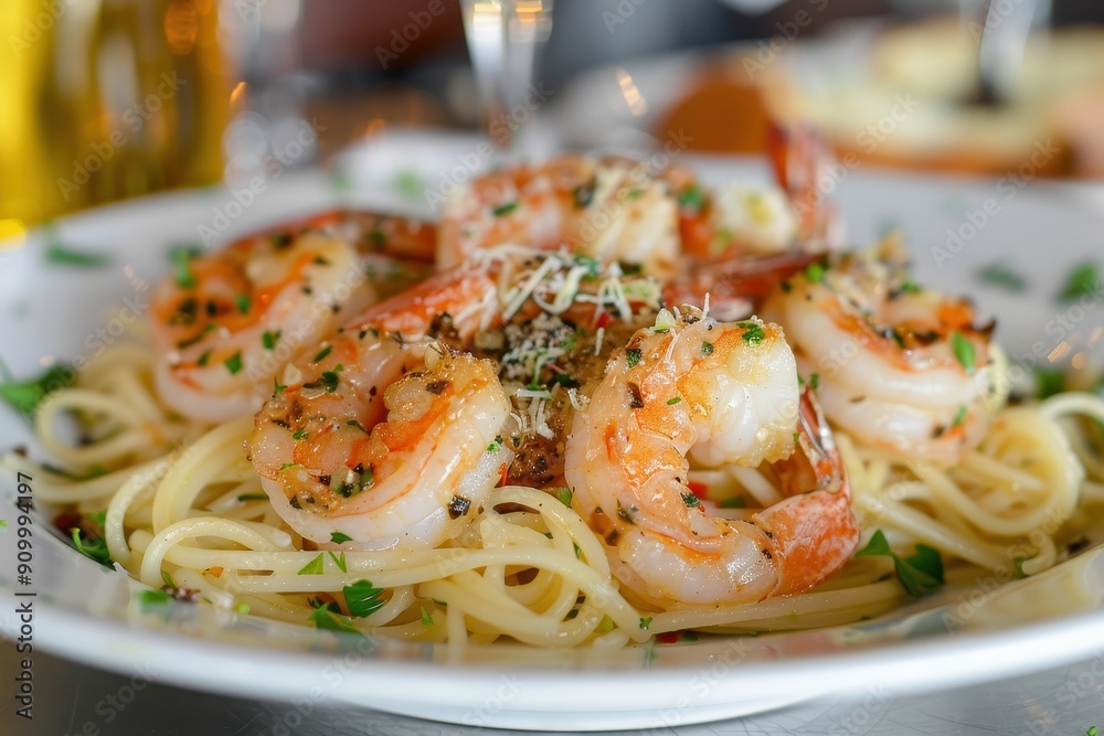 A plate of shrimp scampi, with succulent shrimp cooked in a garlic butter sauce, served over linguine A plate of shrimp scampi, with succulent shrimp cooked in a garlic butter sauce, served over linguine