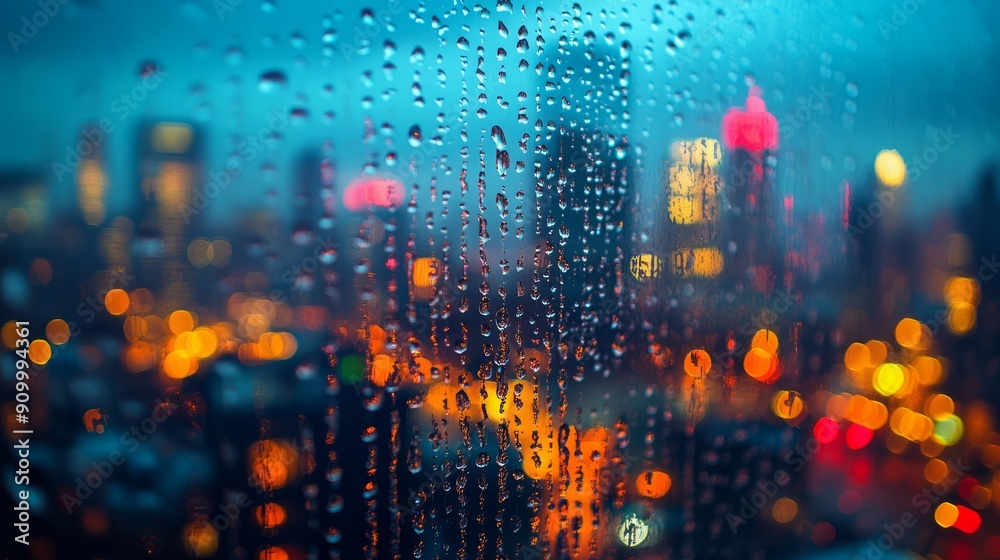Panoramic 8k view of rain droplets cascading down a windowpane, with the cityscape softly blurred in the background. Panoramic 8k view of rain droplets cascading down a windowpane, with the cityscape softly blurred in the background.