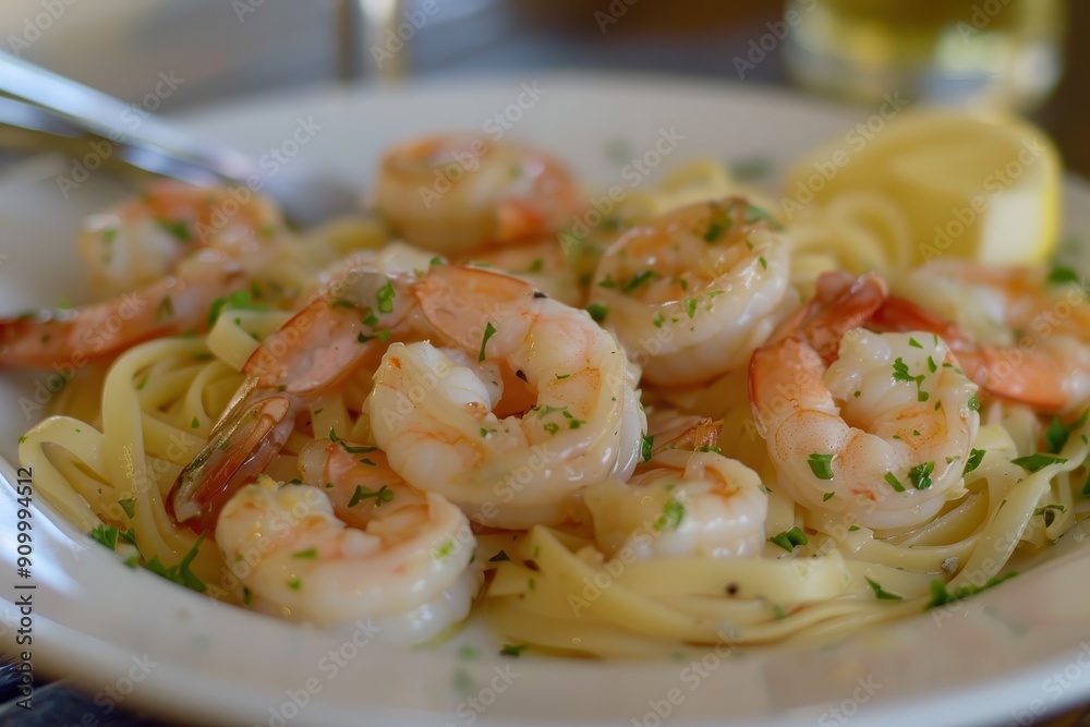 A plate of shrimp scampi, with succulent shrimp cooked in a garlic butter sauce, served over linguine A plate of shrimp scampi, with succulent shrimp cooked in a garlic butter sauce, served over linguine