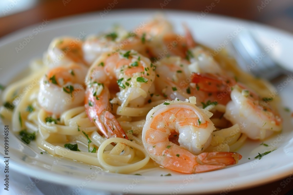 A plate of shrimp scampi, with succulent shrimp cooked in a garlic butter sauce, served over linguine A plate of shrimp scampi, with succulent shrimp cooked in a garlic butter sauce, served over linguine