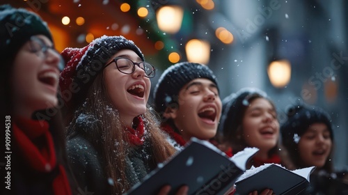 diverse group of teenagers caroling on snowy city street festive decorations warm glow from streetlamps capturing holiday spirit and community