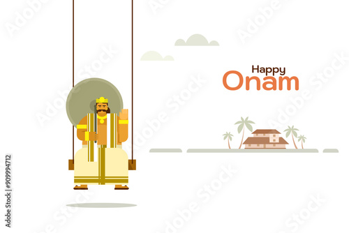 Illustration of mythological king 'Mahabali' sitting in a swing. Concept for Onam festival in Kerala