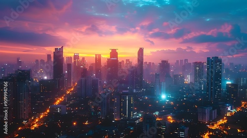 Dramatic Cityscape of Skyscrapers at Changing Lights From Dusk Till Dawn