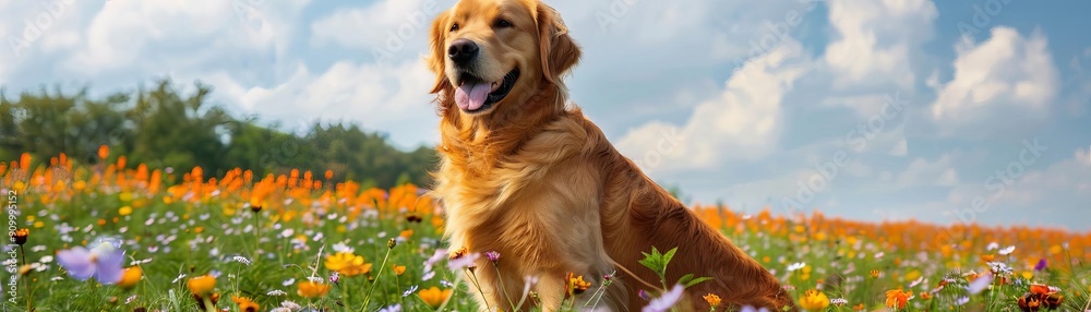 Golden Retriever dog sitting in a vibrant flower field under a blue sky, enjoying a beautiful sunny day. Golden Retriever dog sitting in a vibrant flower field under a blue sky, enjoying a beautiful sunny day.