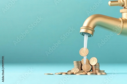 A golden faucet pouring water onto a pile of coins, symbolizing wealth, finance, and the flow of money in a creative concept.