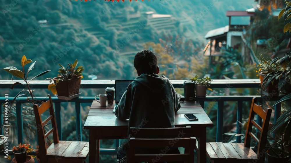 A person is focused on their laptop while enjoying coffee on a balcony overlooking beautiful mountainous landscapes A person is focused on their laptop while enjoying coffee on a balcony overlooking beautiful mountainous landscapes
