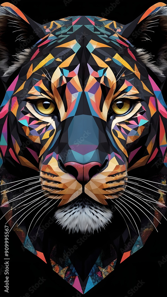 Naklejka premium Colorful geometric panther face with intricate patterns on a black background. Geometric Pop Art