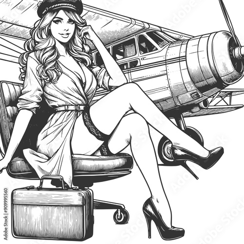 pin-up girl sitting seductively on the wing of a classic airplane, capturing the spirit of aviation and retro glamour sketch engraving generative ai fictional character vector illustration. 
