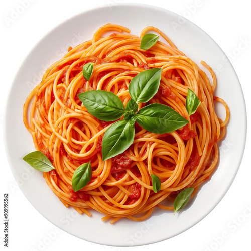 Delicious Spaghetti Pasta Dish with Tomato Sauce and Fresh Basil Garnished on White Plate