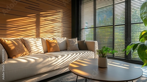 earthytoned living room with statement wooden wall plush fabric sofa in neutral hues sunlight streaming through slatted blinds casting artistic shadows modern yet cozy condominium aesthetic photo