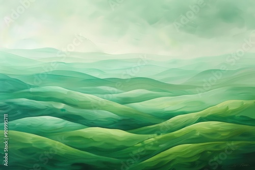 surreal green landscape rolling hills blending into abstract forms dreamlike quality with soft focus edges soothing palette of emerald and jade hues