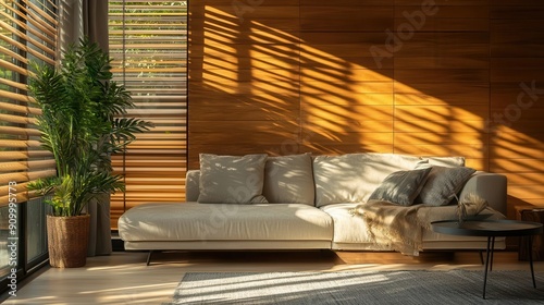 earthytoned living room with statement wooden wall plush fabric sofa in neutral hues sunlight streaming through slatted blinds casting artistic shadows modern yet cozy condominium aesthetic photo