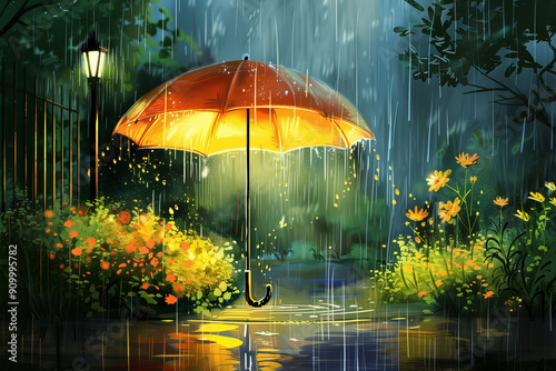 Wallpaper Mural Cozy Rainy Evening with Warm Glowing Street Lamp and Vibrant Flowers Under Orange Umbrella. Torontodigital.ca