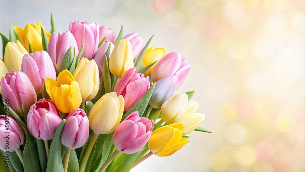 Spring flowers bouquet with pink and yellow tulips in pastel colors, isolated flat , Spring, flowers, bouquet, pink, yellow Spring flowers bouquet with pink and yellow tulips in pastel colors, isolated flat , Spring, flowers, bouquet, pink, yellow