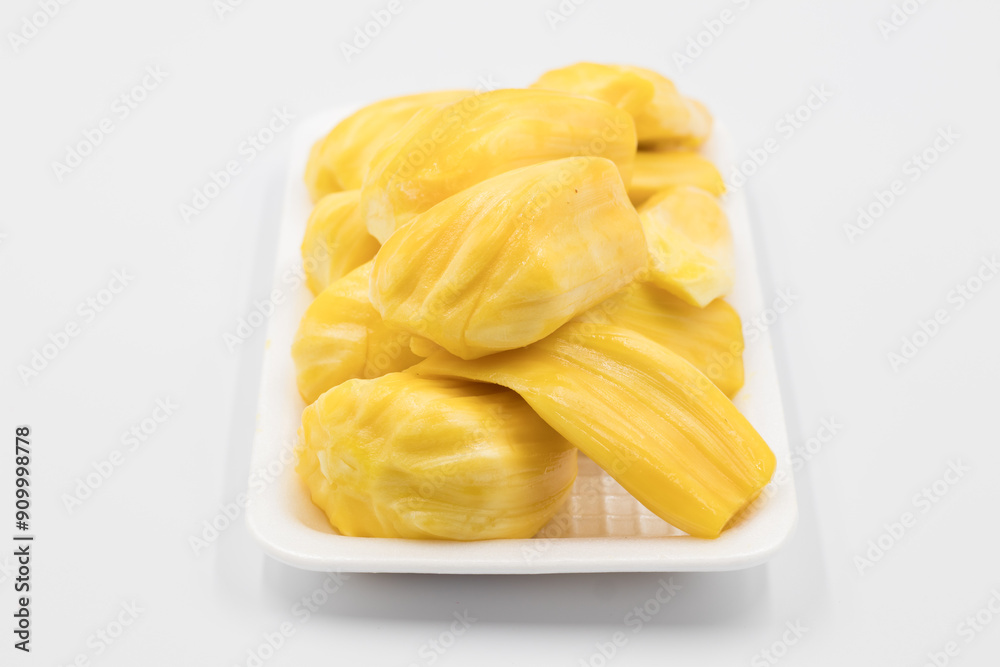 Ripe jackfruit flesh in a white plate, Close-up of jackfruit on white background, Ripe Jackfruit on white background. Ripe jackfruit flesh in a white plate, Close-up of jackfruit on white background, Ripe Jackfruit on white background.