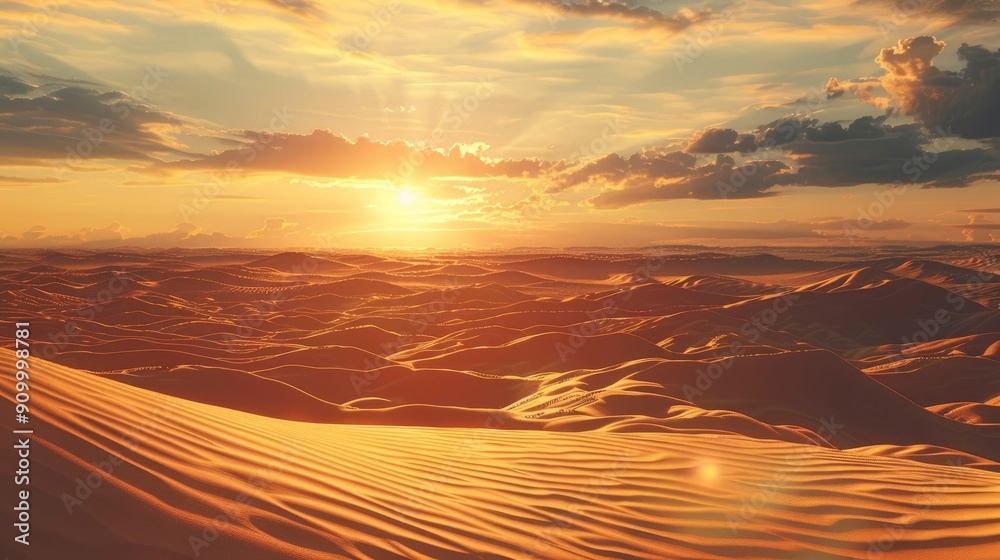 A dramatic desert with tall sand dunes and a setting sun. A dramatic desert with tall sand dunes and a setting sun.