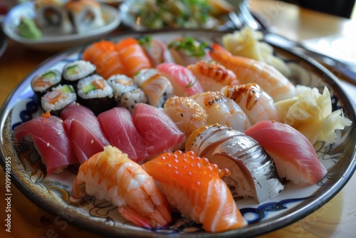 A platter of assorted sushi featuring fresh salmon, tuna, shrimp, and eel, with pickled ginger and wasabi on the side. 