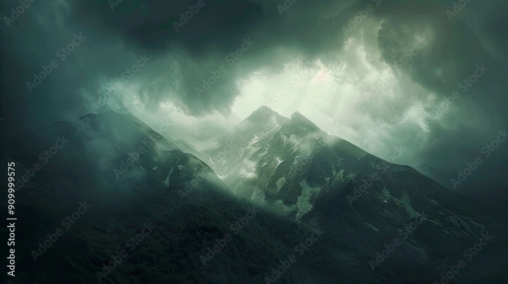 A dramatic mountain range with dark storm clouds gathering above. A dramatic mountain range with dark storm clouds gathering above.