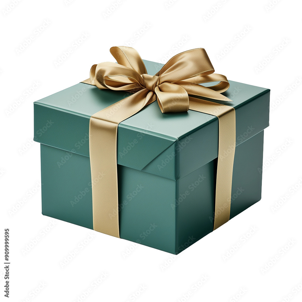 Fototapeta premium Elegant green gift box with golden ribbon, isolated on black. Perfect for birthday, holiday, or special occasion.