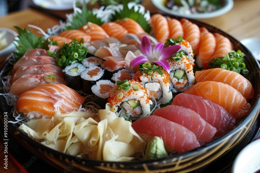 A platter of assorted sushi featuring fresh salmon, tuna, shrimp, and eel, with pickled ginger and wasabi on the side. A platter of assorted sushi featuring fresh salmon, tuna, shrimp, and eel, with pickled ginger and wasabi on the side.