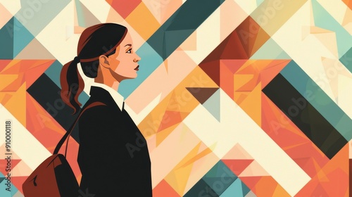 Businesswoman in a geometric pattern with professional themes.