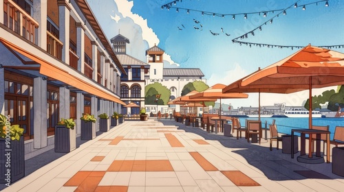 Sunny waterfront promenade with cafe tables and umbrellas.