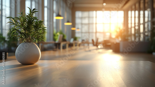Indoor workspace at sunrise, vibrant green plant in minimalist pot, warm sunlight streaming through large windows, creating a serene and inviting atmosphere.