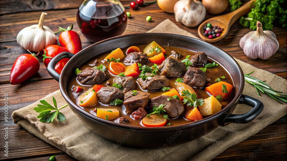 Beef bourguignon stew served with vegetables and red wine sauce, French cuisine, traditional, gourmet, hearty, comfort food Beef bourguignon stew served with vegetables and red wine sauce, French cuisine, traditional, gourmet, hearty, comfort food