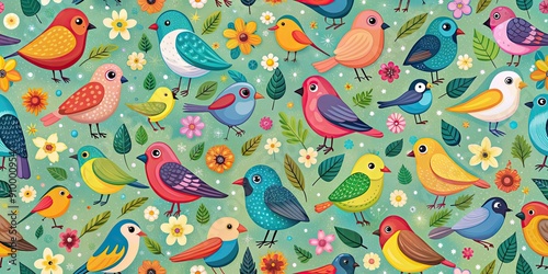 A seamless and tileable pattern with various bird s on a colorful background, birds, avian, feathered, seamless photo