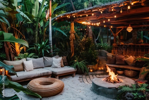 tropical outdoor lounge area tiki bar with bamboo accents builtin fire pit lush greenery ambient string lights bohemianinspired decor relaxed luxury vacation vibe photo