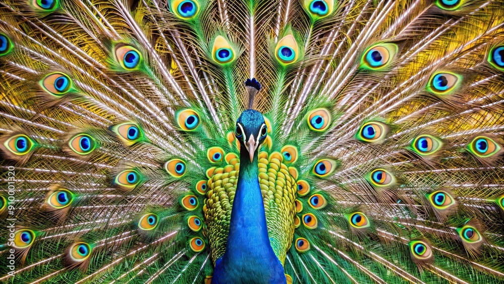 Fototapeta premium Peacock displaying its elegant green striped wings , peacock, bird, feathers, beautiful, colorful, exotic, wildlife, nature
