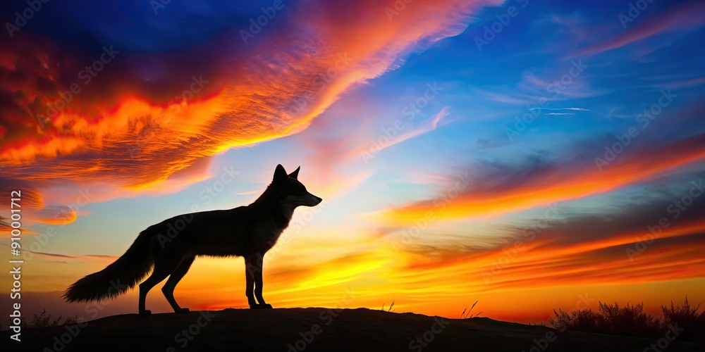 Silhouette of a majestic fox standing against a colorful sunset backdrop, nature, wildlife, animal, silhouette, sunset Silhouette of a majestic fox standing against a colorful sunset backdrop, nature, wildlife, animal, silhouette, sunset