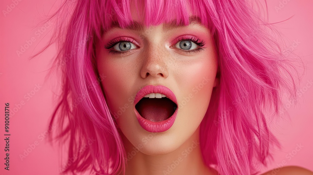 expressive portrait of a woman with vibrant pink wig and exaggerated open mouth bold pink lip makeup conveying intense emotion pop art style high contrast colors expressive portrait of a woman with vibrant pink wig and exaggerated open mouth bold pink lip makeup conveying intense emotion pop art style high contrast colors