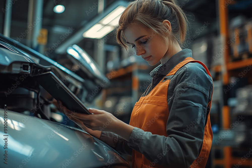 Female professional using tablet quality checking car parts worker in warehouse Female professional using tablet quality checking car parts worker in warehouse