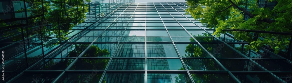 A striking view of a modern glass building reflecting nature, showcasing greenery intertwining with urban architecture. A striking view of a modern glass building reflecting nature, showcasing greenery intertwining with urban architecture.