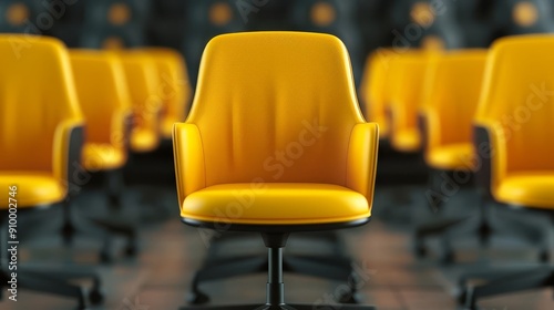 Single yellow office chair in front of a row of blurred chairs.