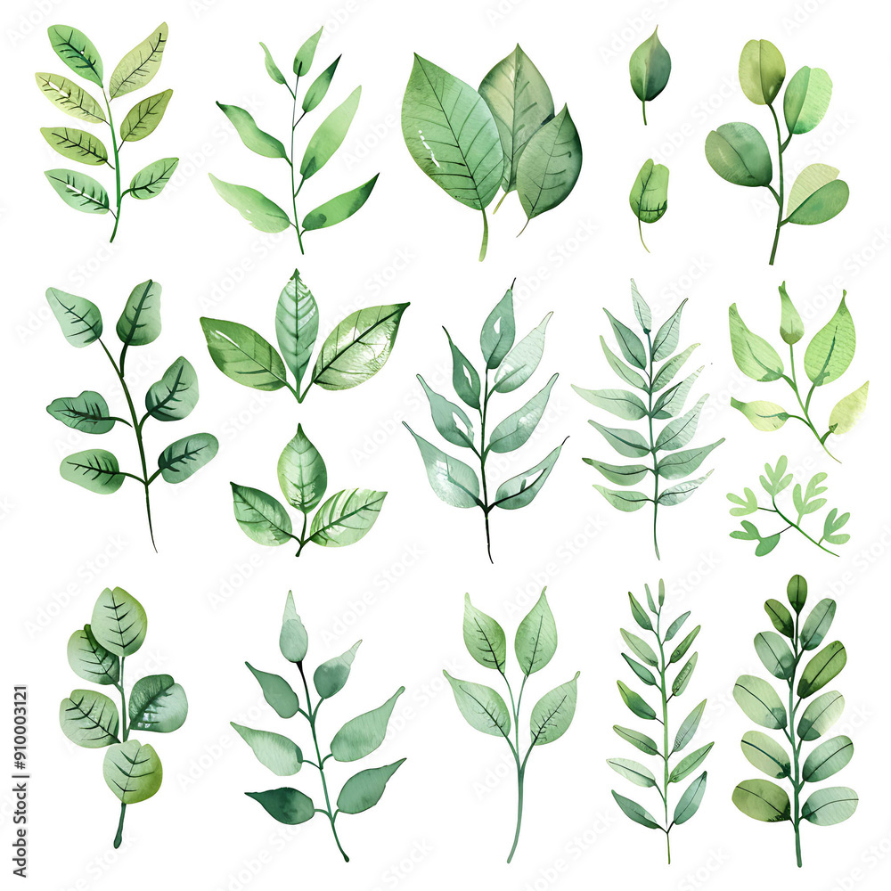 Set of watercolor green leaves elements. Collection botanical vector isolated on white background suitable for Wedding Invitation, save the date, thank you, or greeting card.