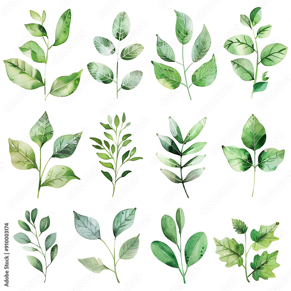 Set of watercolor green leaves elements. Collection botanical vector isolated on white background suitable for Wedding Invitation, save the date, thank you, or greeting card. Set of watercolor green leaves elements. Collection botanical vector isolated on white background suitable for Wedding Invitation, save the date, thank you, or greeting card.