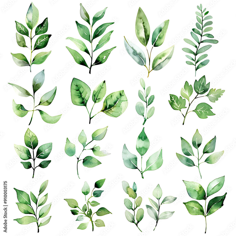 Set of watercolor green leaves elements. Collection botanical vector isolated on white background suitable for Wedding Invitation, save the date, thank you, or greeting card. Set of watercolor green leaves elements. Collection botanical vector isolated on white background suitable for Wedding Invitation, save the date, thank you, or greeting card.