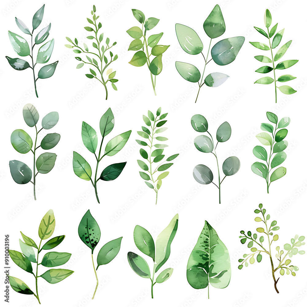 Set of watercolor green leaves elements. Collection botanical vector isolated on white background suitable for Wedding Invitation, save the date, thank you, or greeting card.