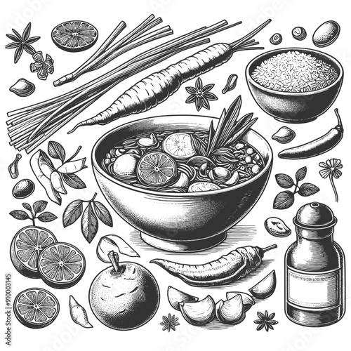 Tom yum soup Ingredients sketch engraving generative ai vector illustration. Scratch board imitation. Black and white image.