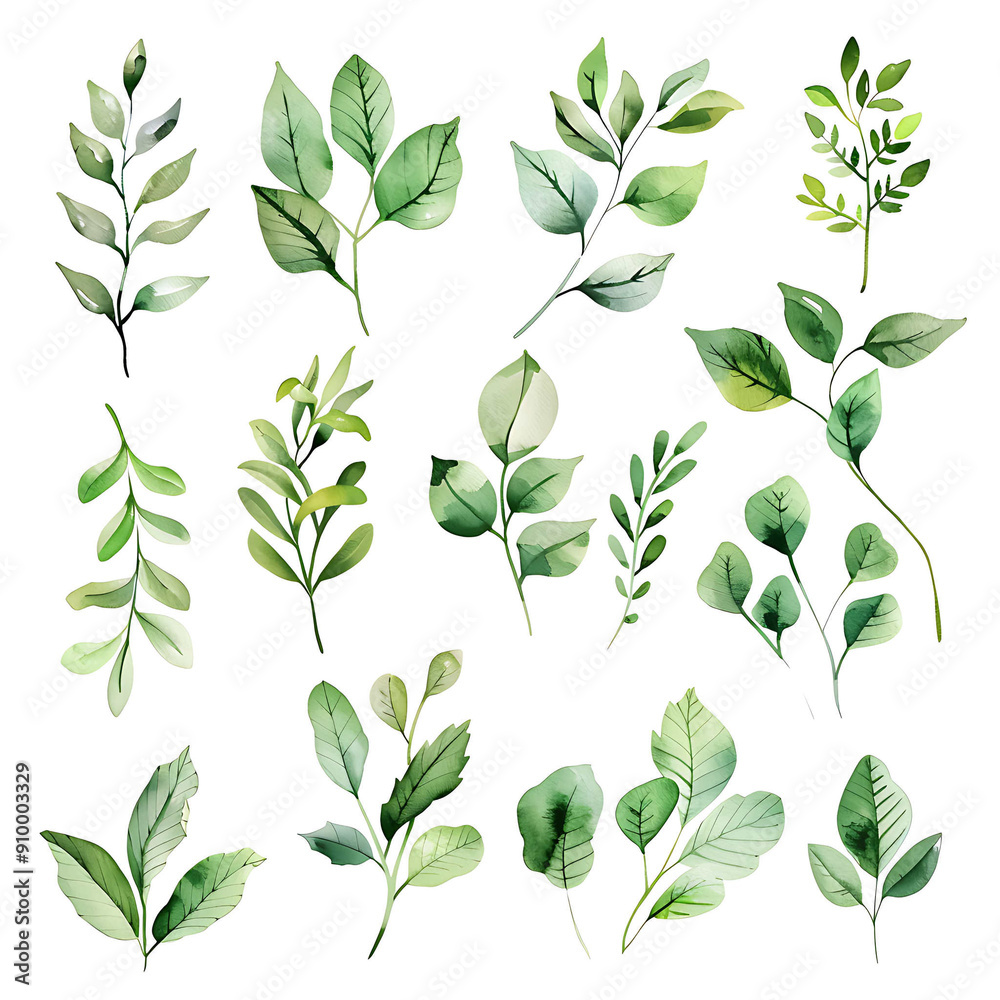 Set of watercolor green leaves elements. Collection botanical vector isolated on white background suitable for Wedding Invitation, save the date, thank you, or greeting card. Set of watercolor green leaves elements. Collection botanical vector isolated on white background suitable for Wedding Invitation, save the date, thank you, or greeting card.