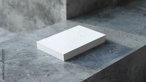 White business card stack on a concrete desk, 3D rendering.