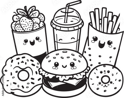 fast food collection, coloring book illustration